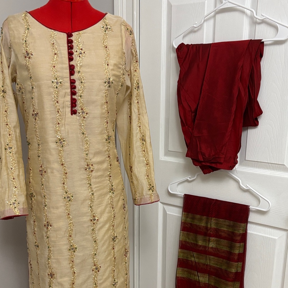 Embroidered Cream & Deep Red choridar Kameez Set